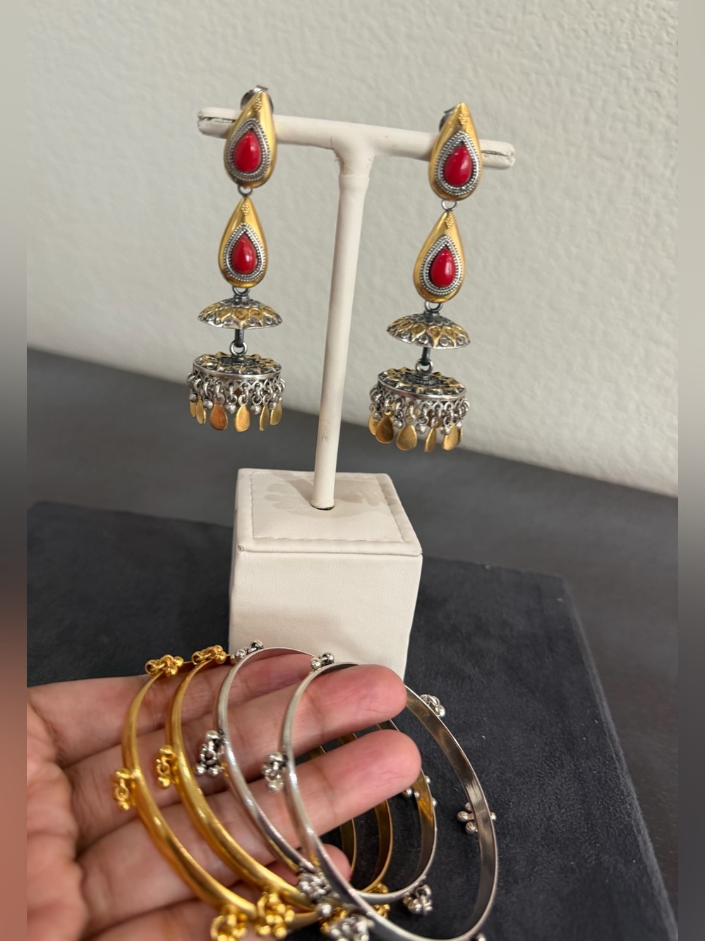 Sterling silver jhumkas with sterling bangles